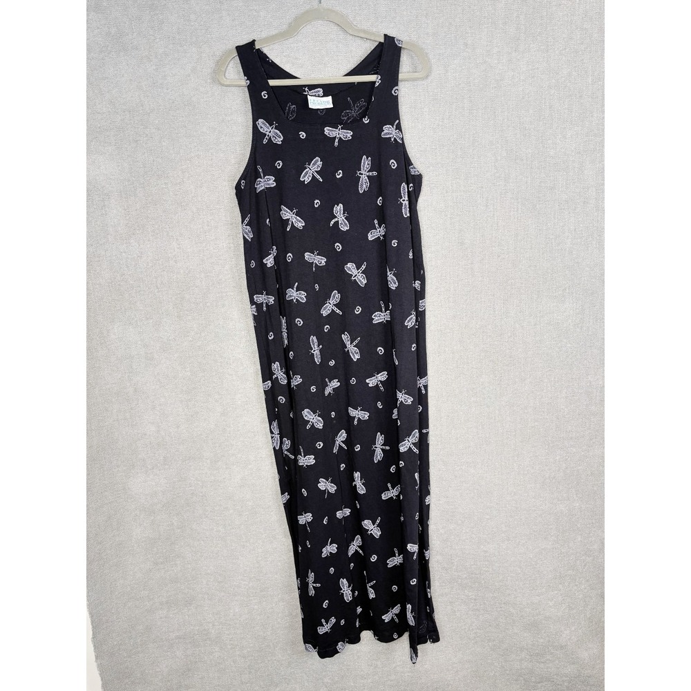 Fresh Produce Dress Womens Large Black Purple Dragonfly Print Maxi Vintage USA